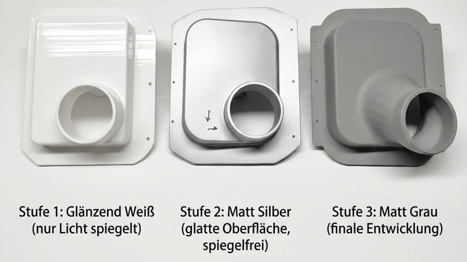 Airbox-Prototyp in drei Oberflächenstufen: glänzend weiß, matt silber und matt grau als finale Version