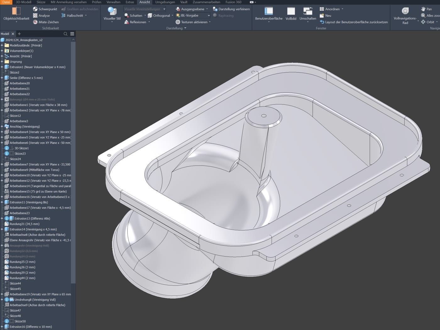 CAD-Konstruktion eines Luftfilterkastens in Autodesk Inventor, Modellbaum und 3D-Ansicht