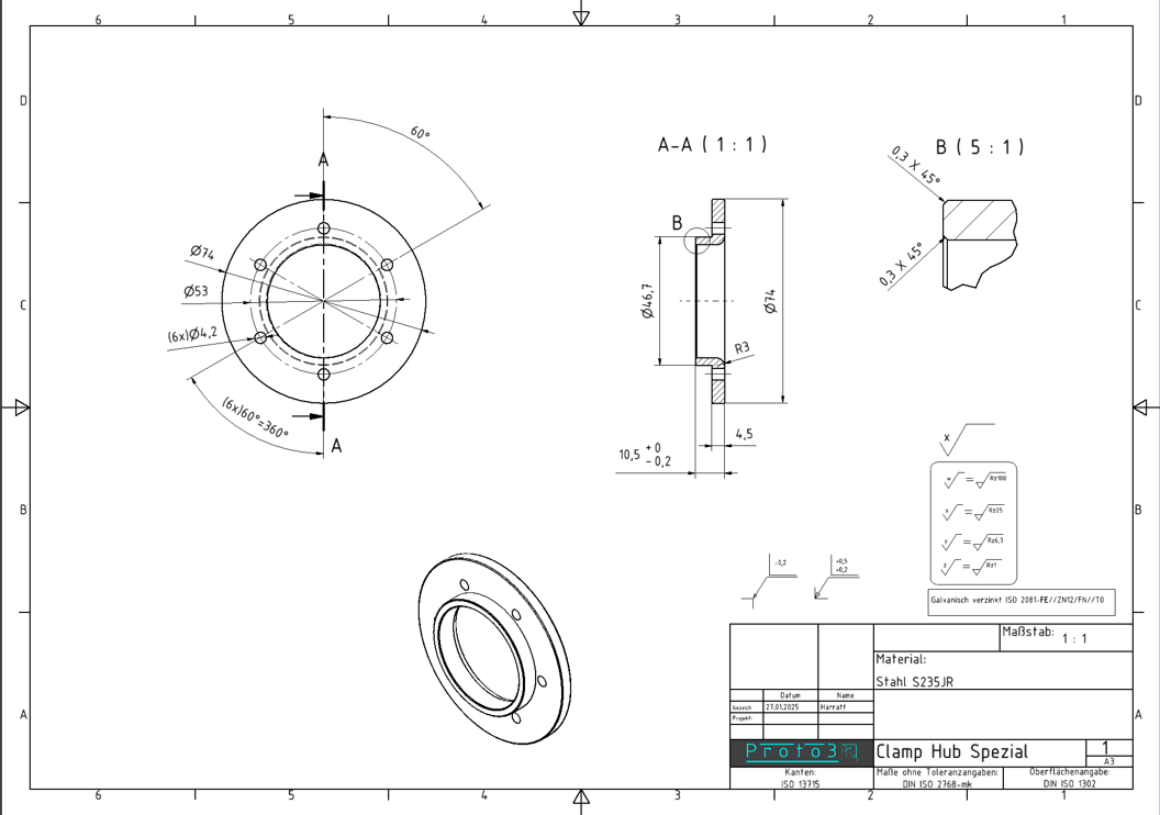 Fertigungszeichnung eines Stahlteils mit diversen Bemaßungen und Oberflächenangaben, welches von Proto 3 in Aschaffenburg entwickelt wurde
